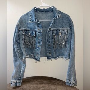 Demim Jean Jacket with Dangled Rhinestones